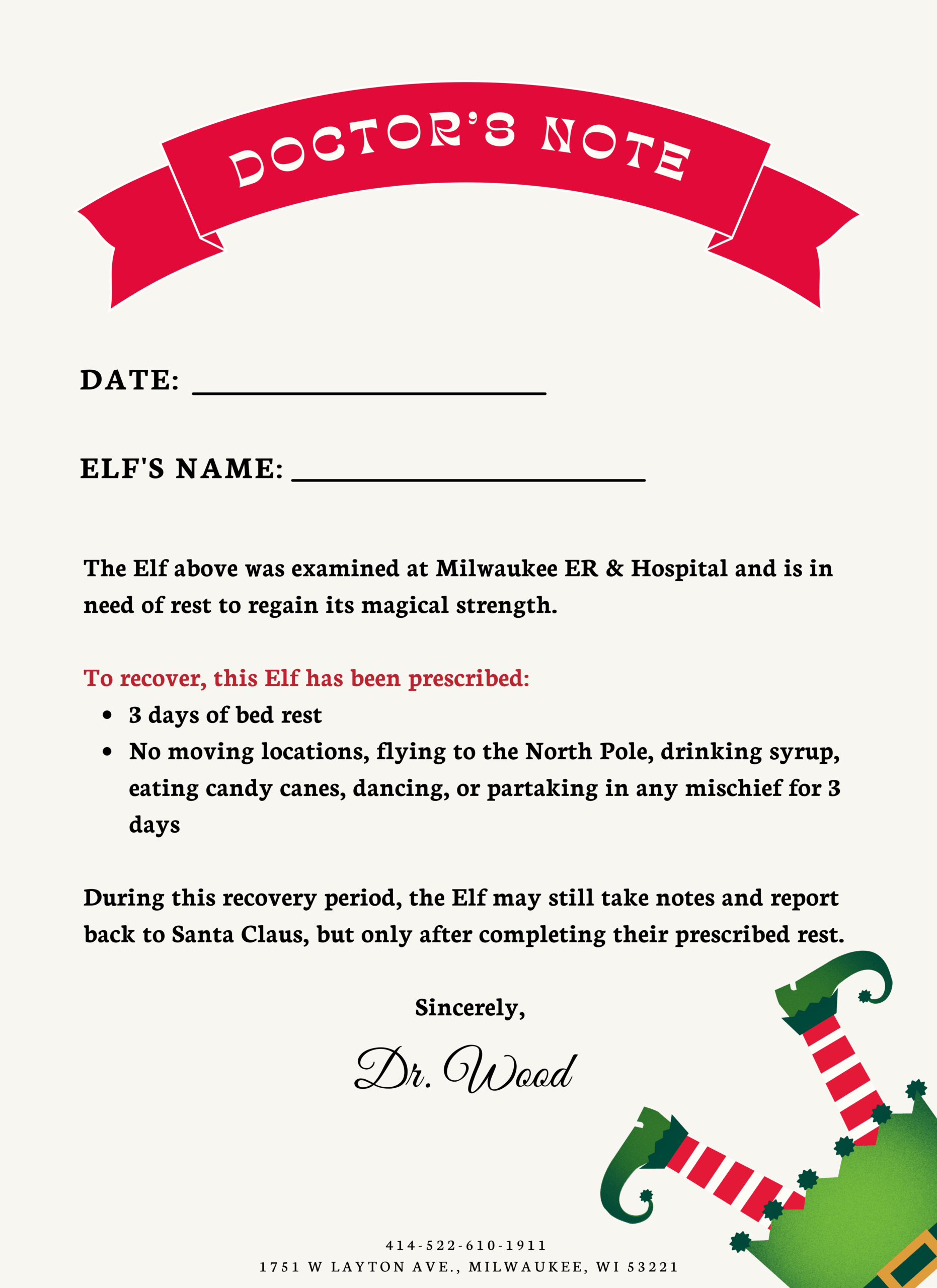 Milwaukee ER & Hospital's 2025 Elf on the Shelf Doctor's Note